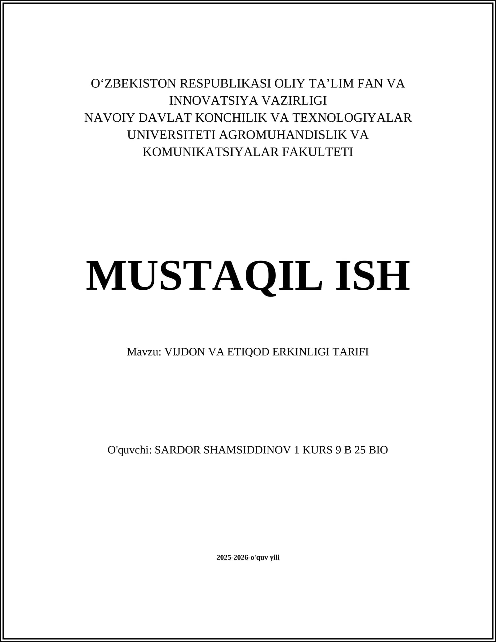 VIJDON VA ETIQOD ERKINLIGI TARIFI
