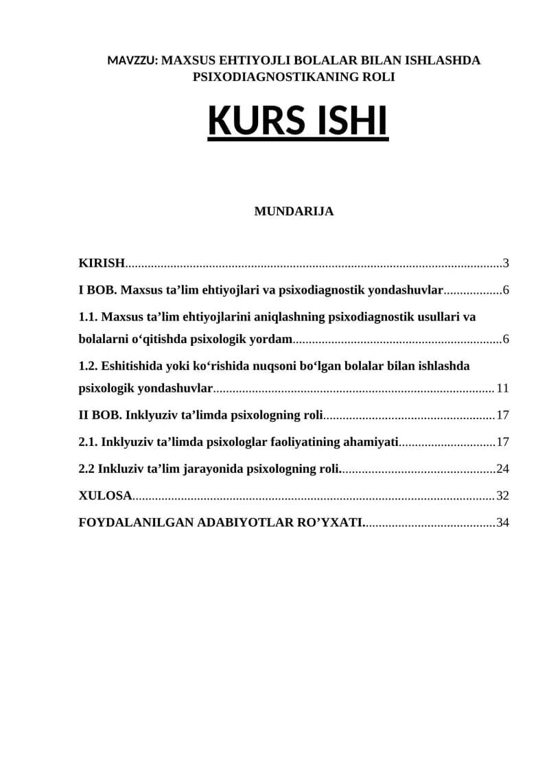 MAXSUS EHTIYOJLI BOLALAR BILAN ISHLASHDA PSIXODIAGNOSTIKANING ROLI
