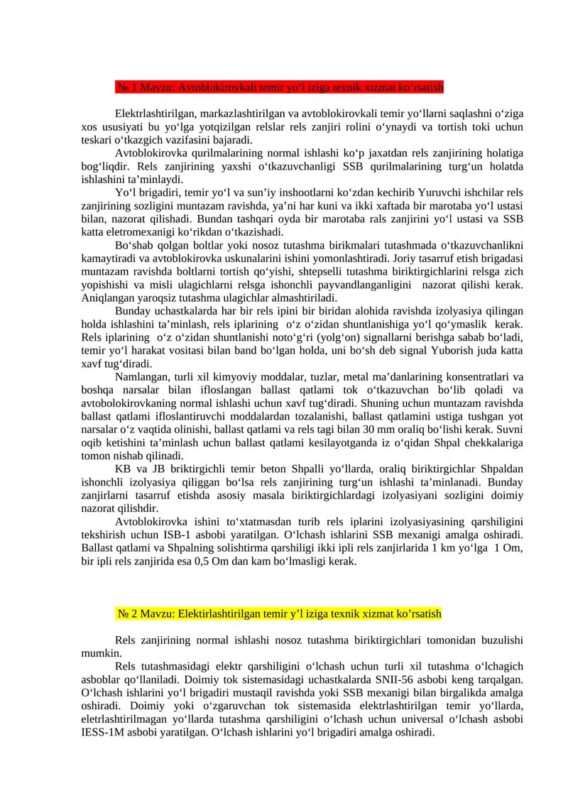 Avtoblokirovkali temir yo’l iziga texnik xizmat ko’rsatish