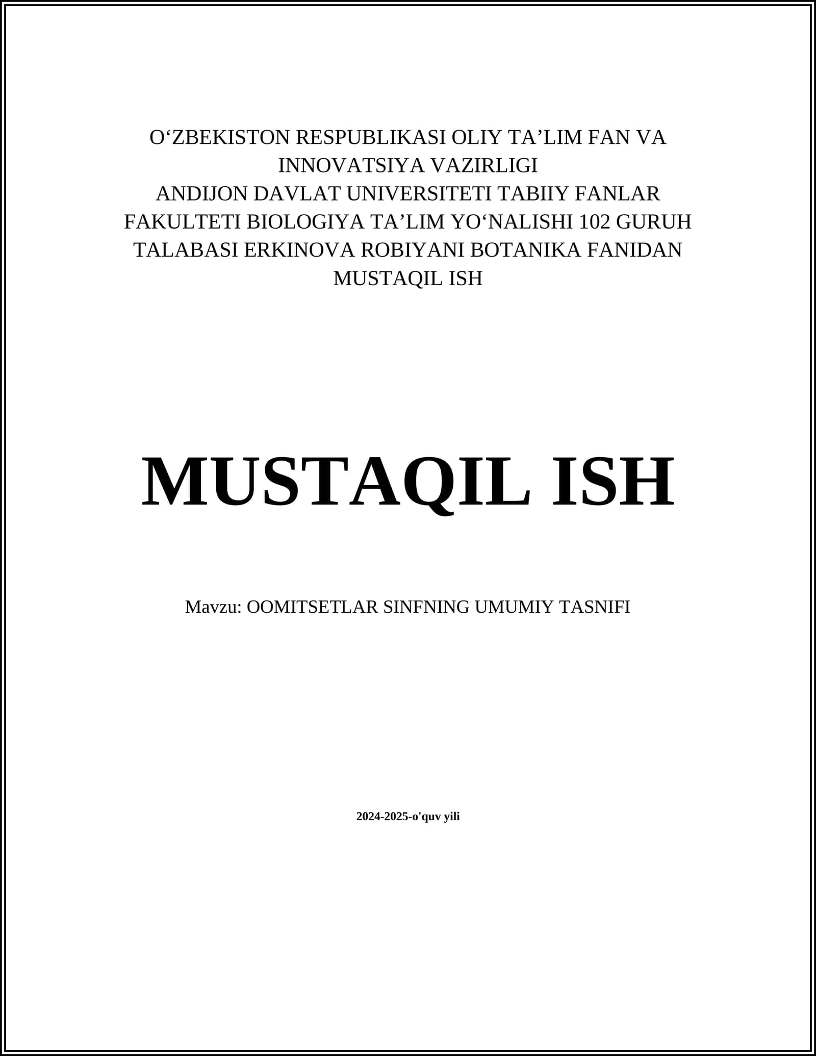 OOMITSETLAR SINFNING UMUMIY TASNIFI