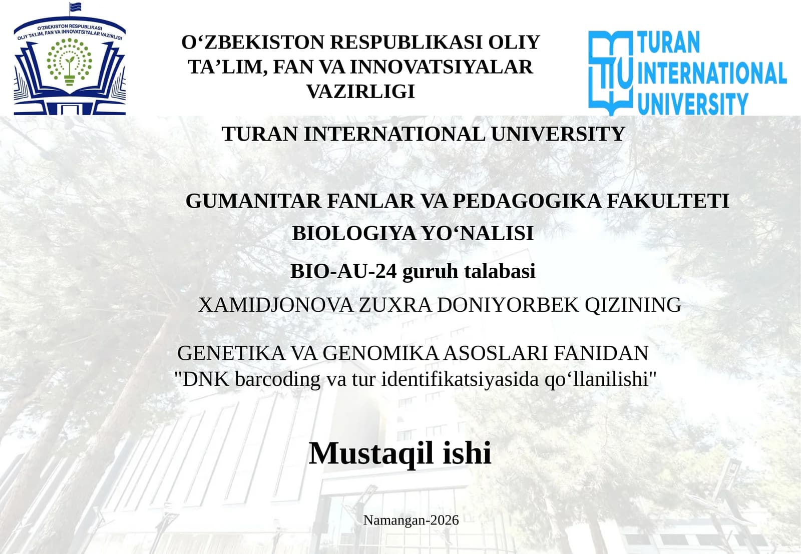 DNK barcoding va tur identifikatsiyasida qo‘llanilishi