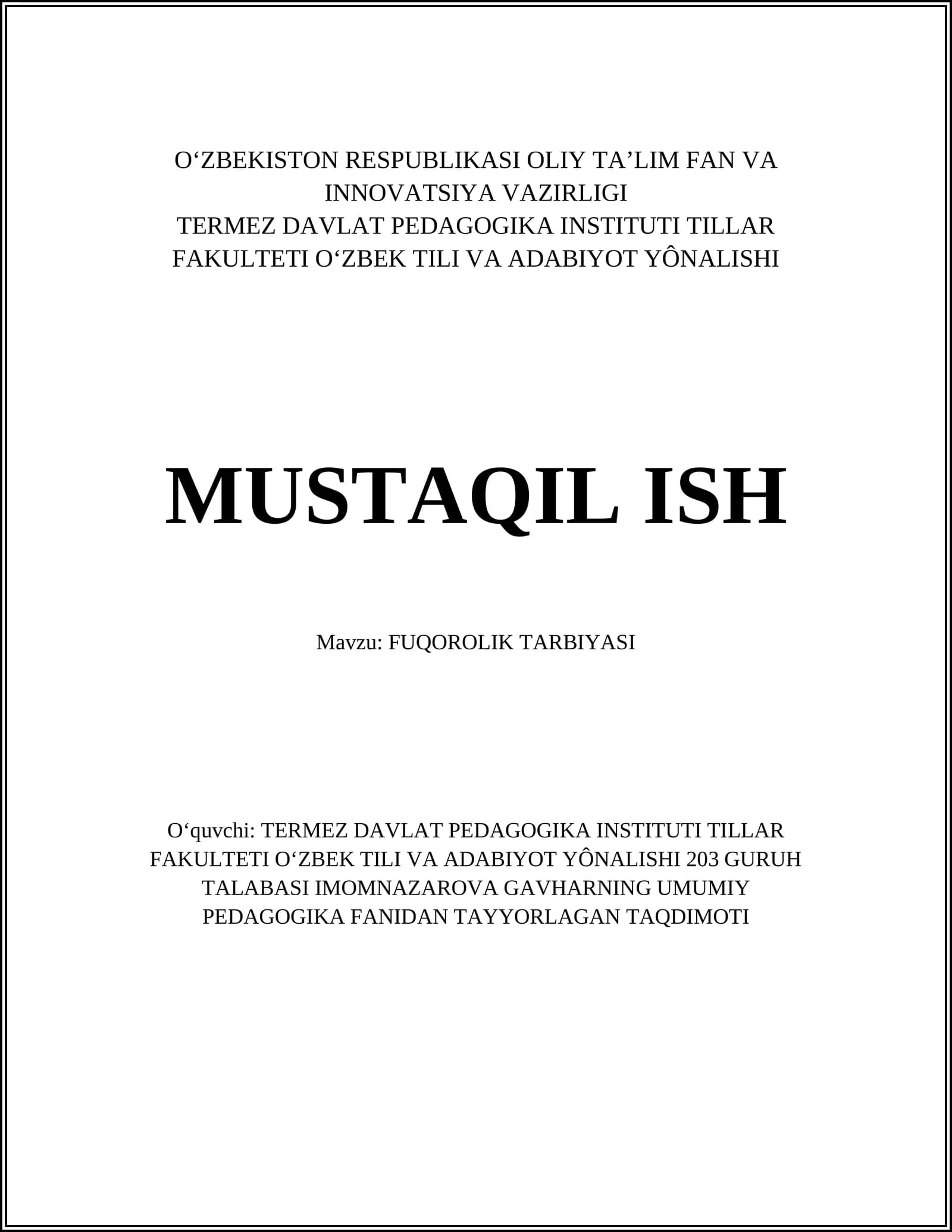 FUQOROLIK TARBIYASI