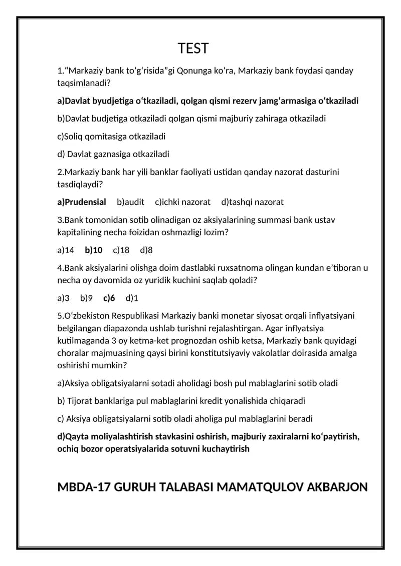bank ishi testlar