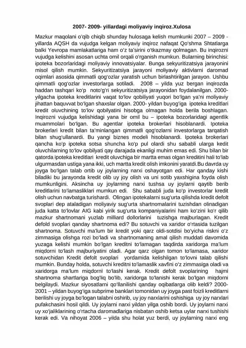Moliyaviy Inqiroz 2007-2009