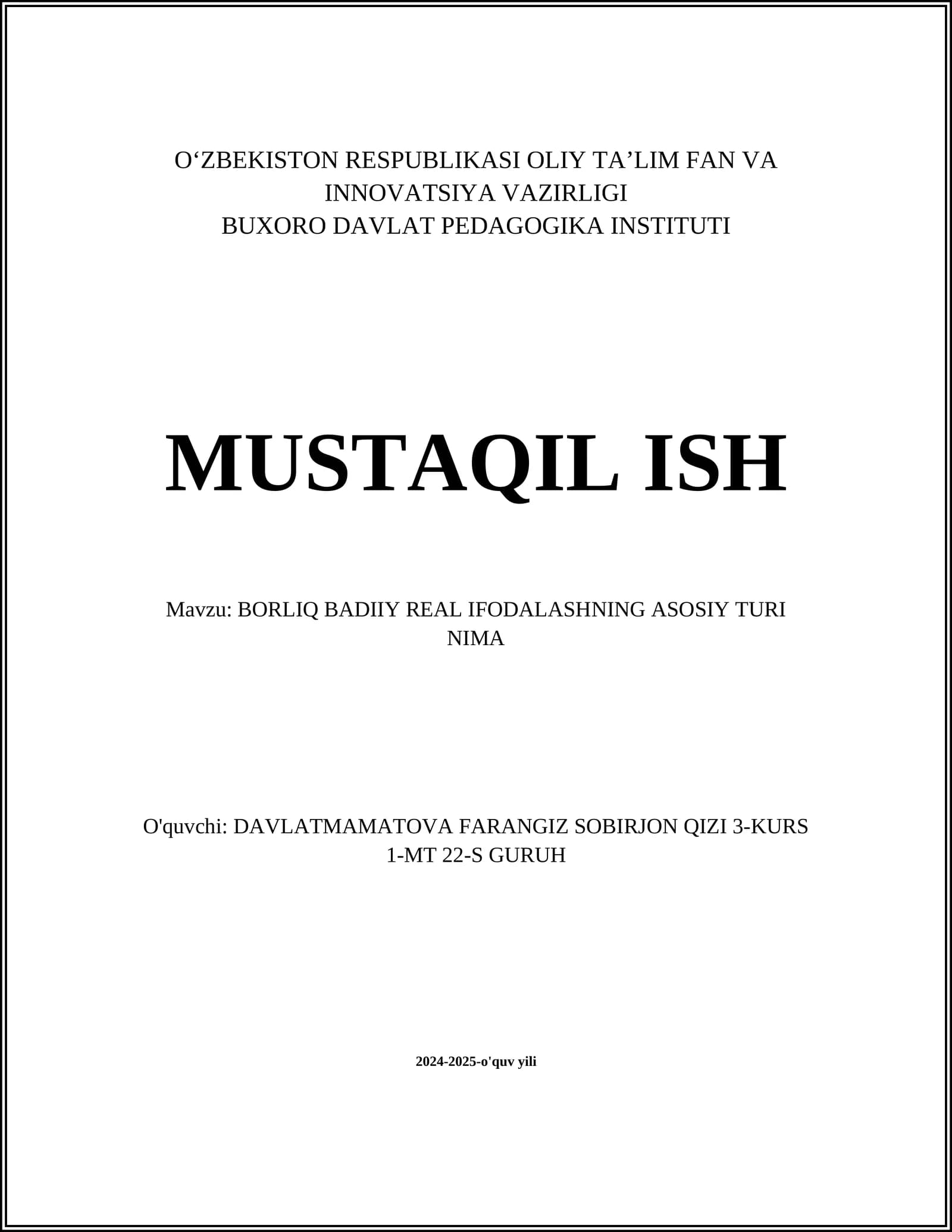 BORLIQ BADIIY REAL IFODALASHNING ASOSIY TURI NIMA