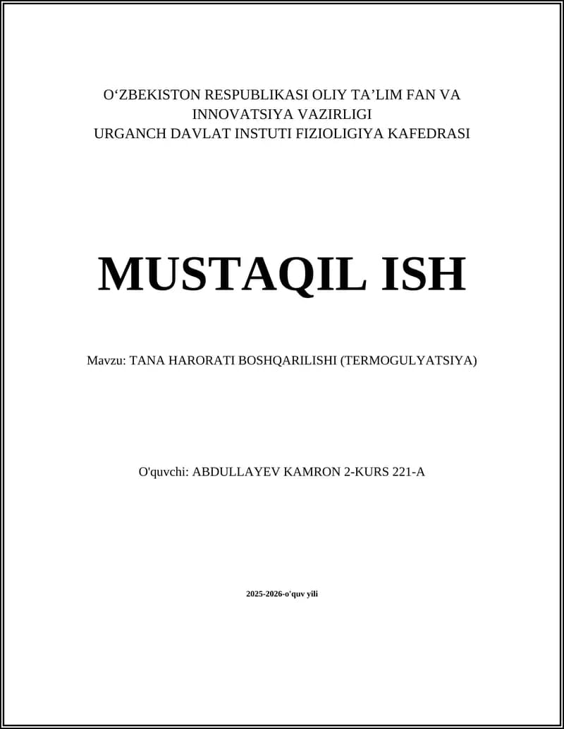 TANA HARORATI BOSHQARILISHI (TERMOGULYATSIYA)