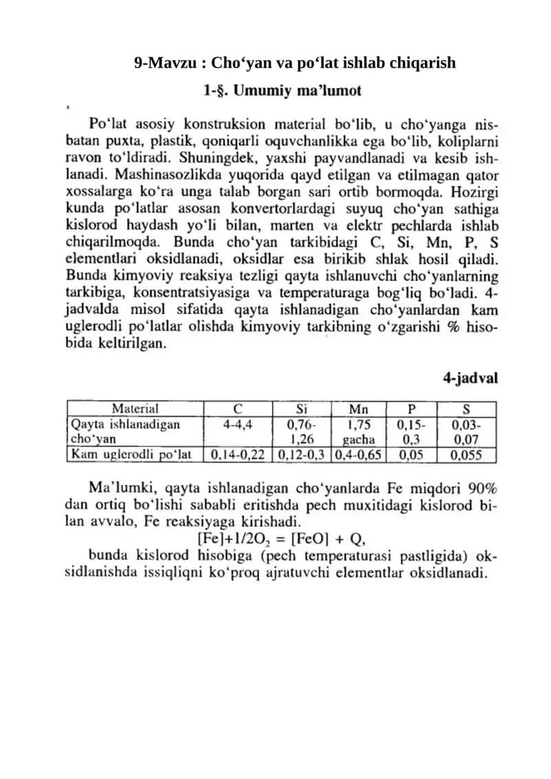 Cho‘yan va po‘lat ishlab chiqarish