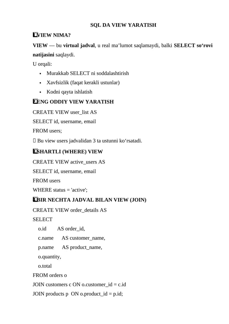 SQL DA VIEW YARATISH