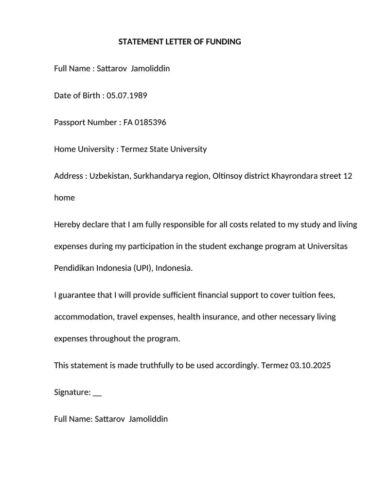 STATEMENT LETTER OF FUNDING