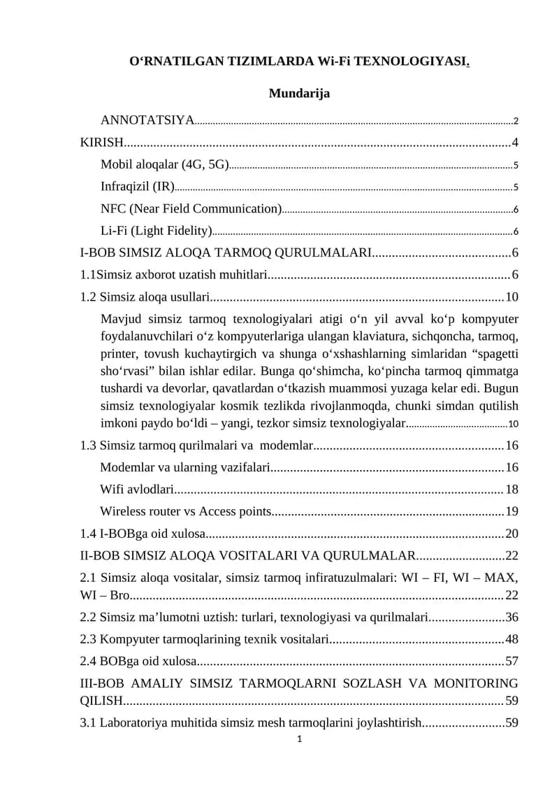 O‘RNATILGAN TIZIMLARDA Wi-Fi TEXNOLOGIYASI