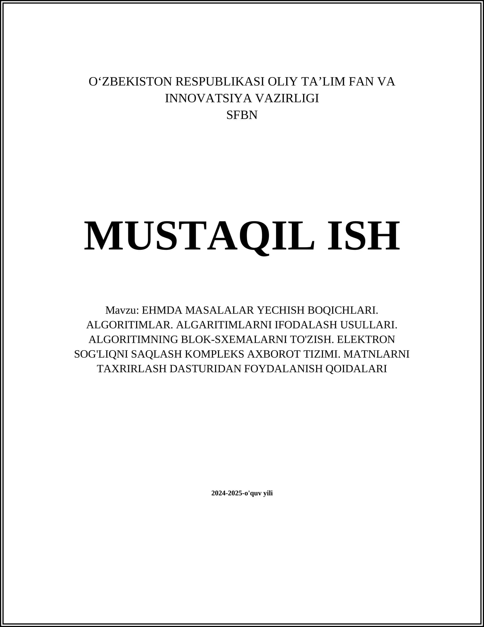 EHMDA MASALALAR YECHISH BOQICHLARI