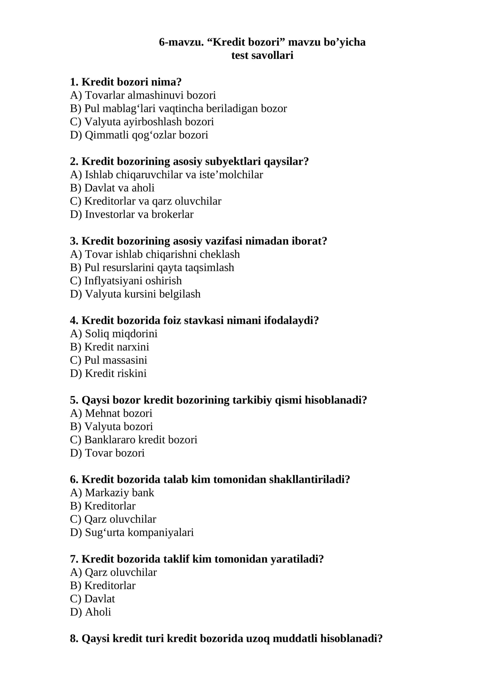Kredit bozori test savollari