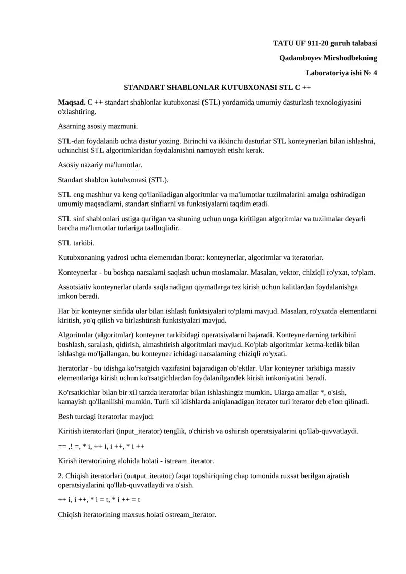 STANDART SHABLONLAR KUTUBXONASI STL C ++