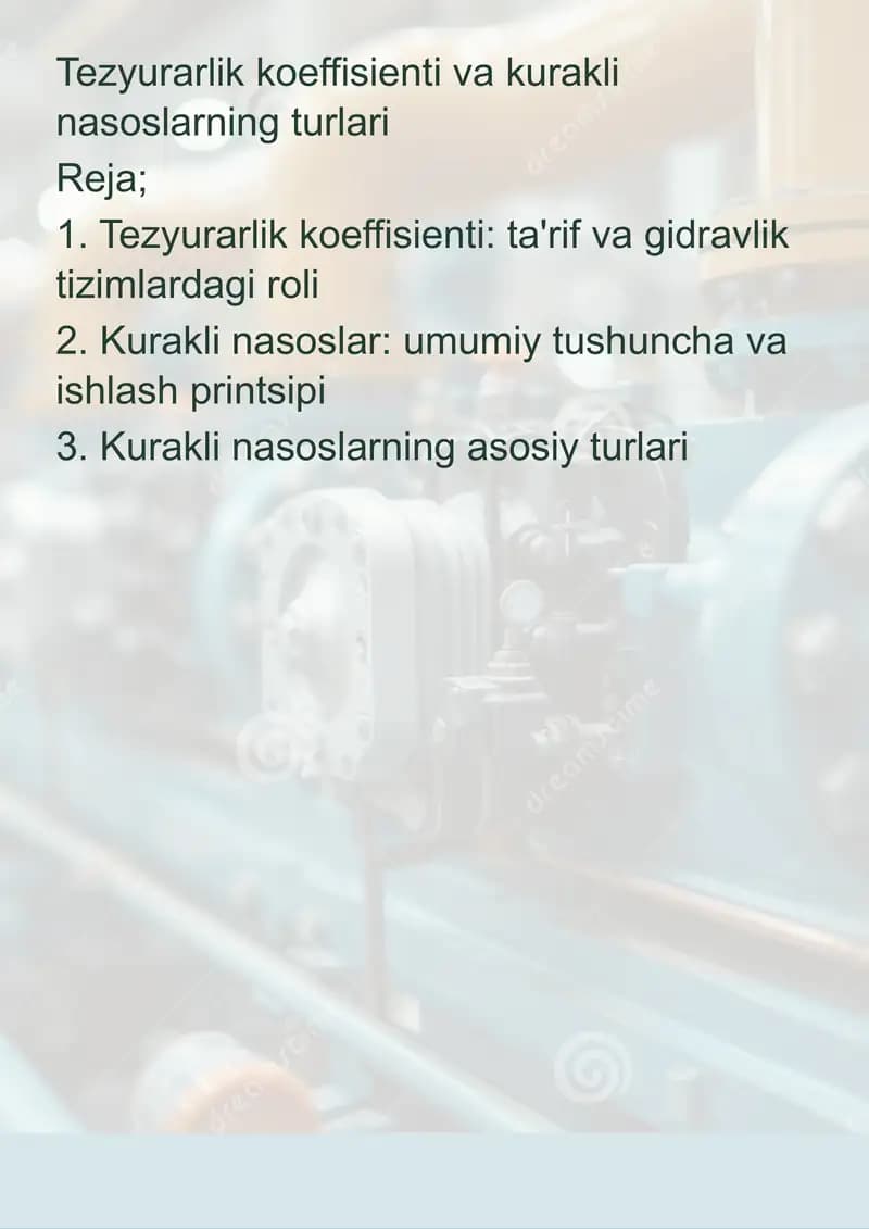 Tezyurarlik koeffisienti va kurakli nasoslarning turlari