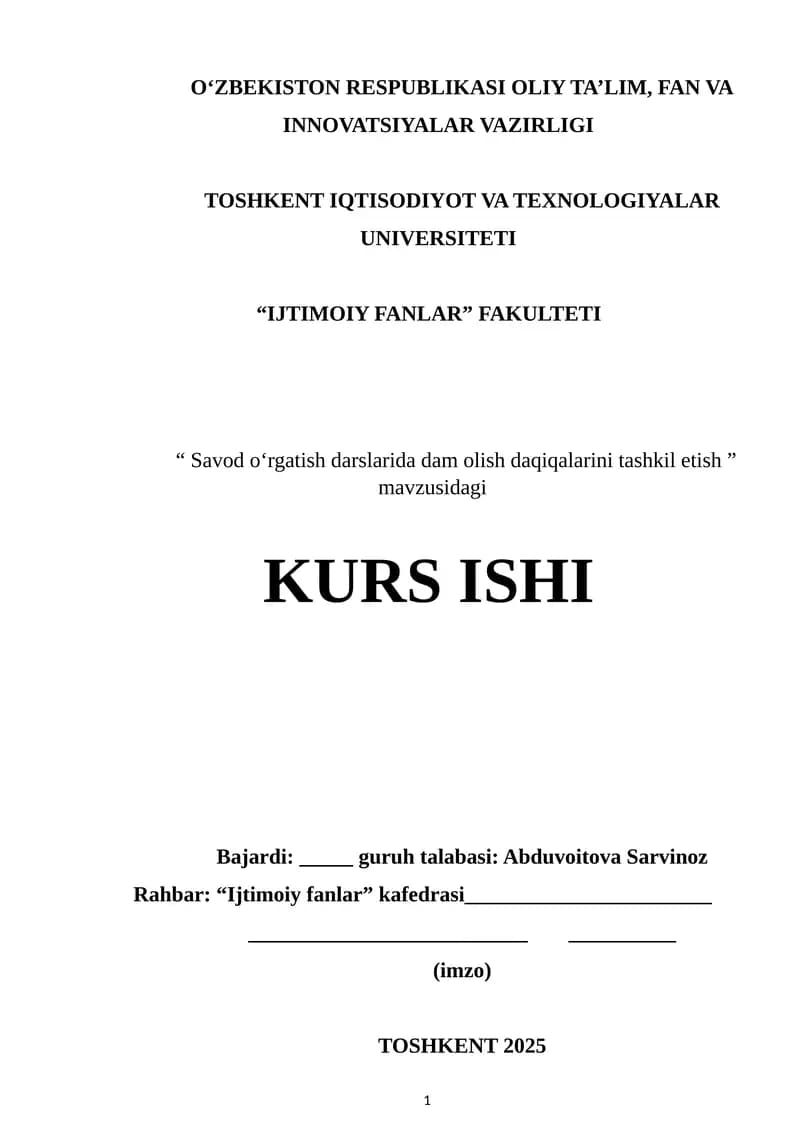 Savod oʻrgatish darslarida dam olish daqiqalarini tashkil etish