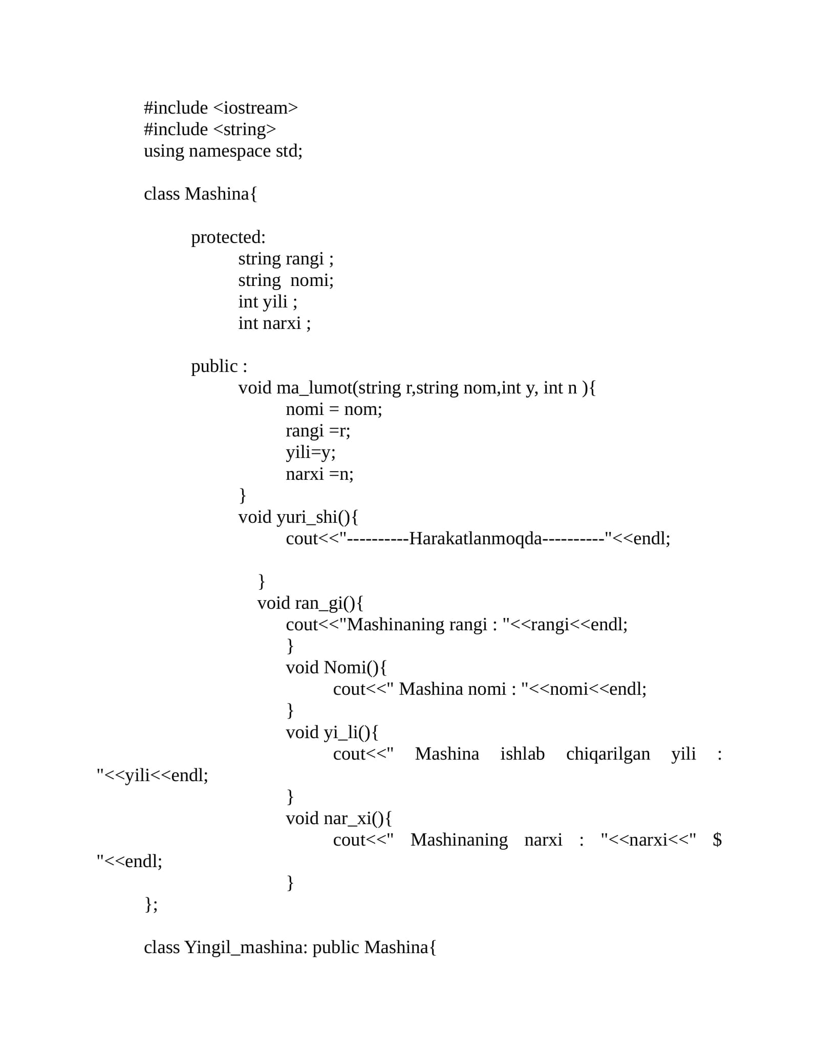 Mashina vorislik haqida kod  c++ da