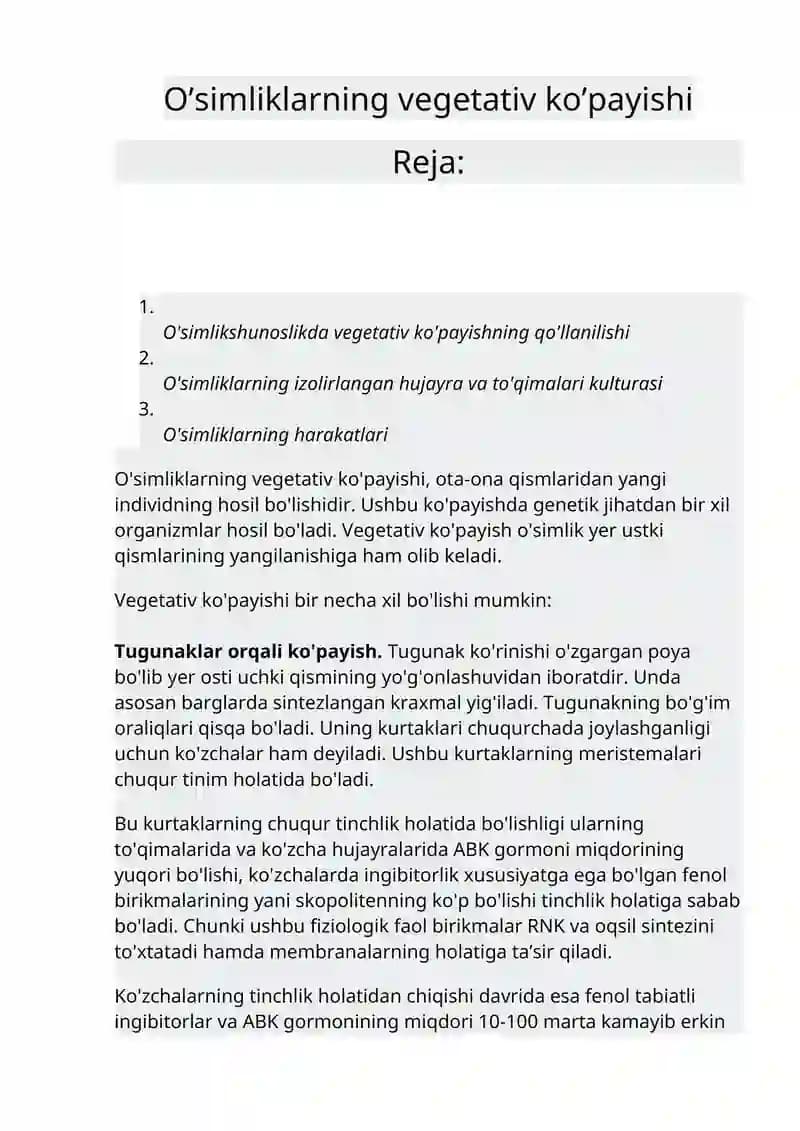 O'simliklarning vegetativ ko'payishi