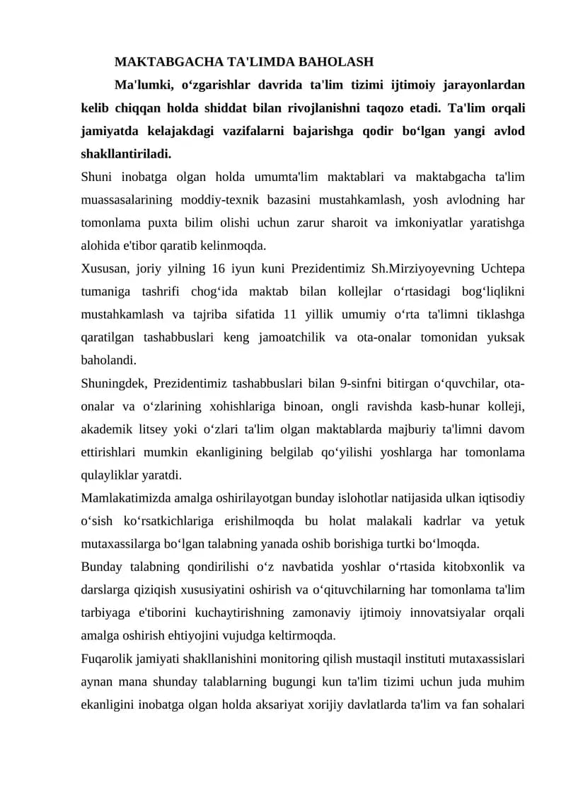 MAKTABGACHA TA'LIMDA BAHOLASH