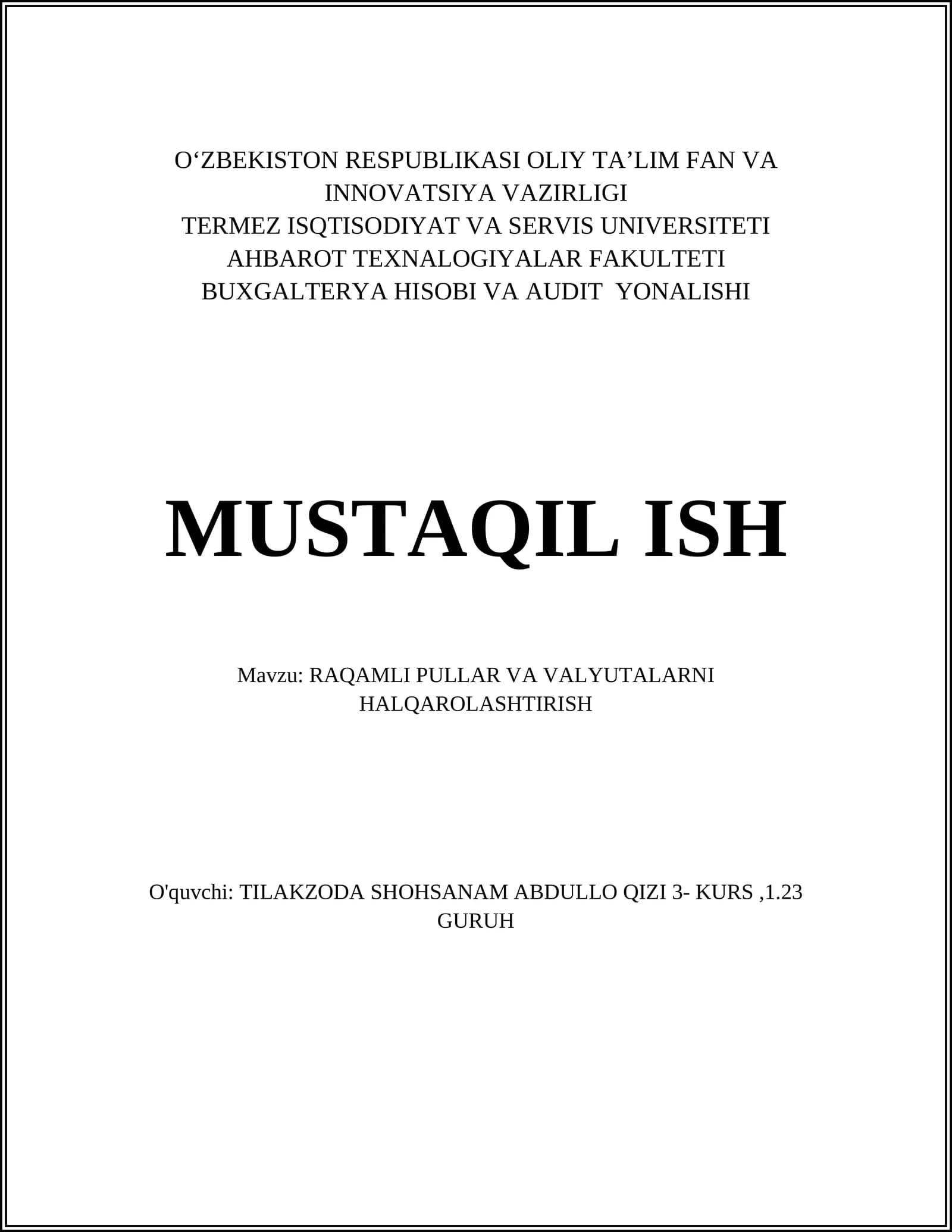 RAQAMLI PULLAR VA VALYUTALARNI HALQAROLASHTIRISH
