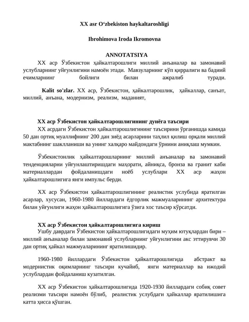 XX asr O‘zbekiston haykaltaroshligi