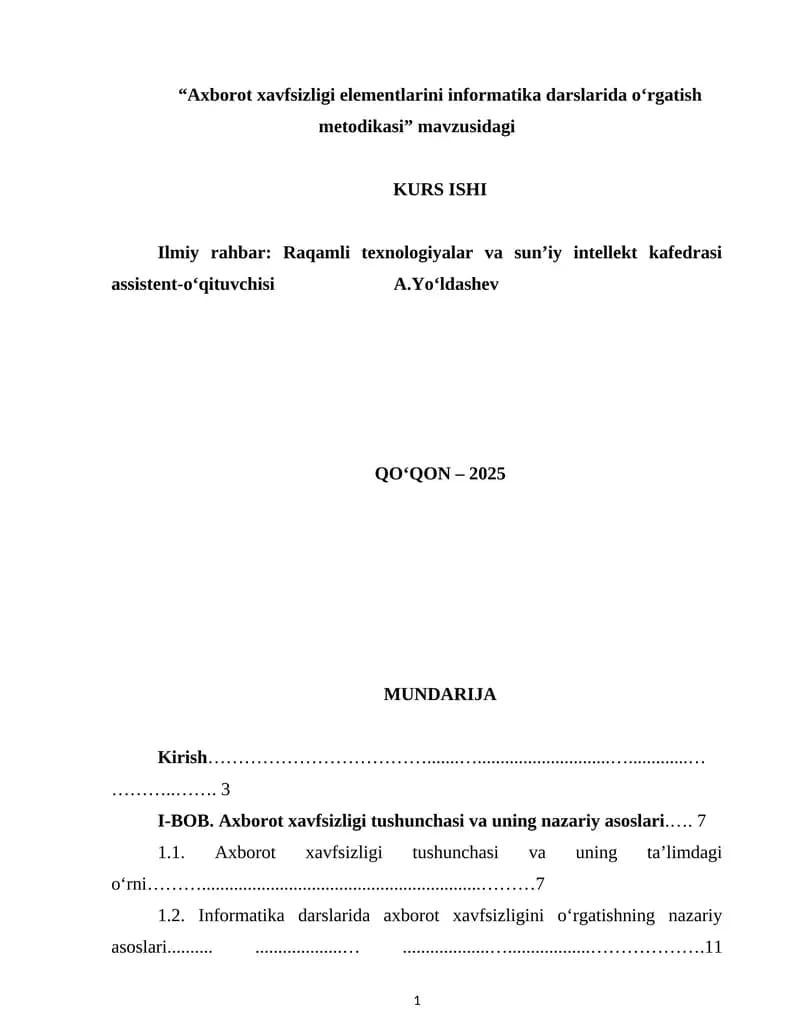 Axborot xavfsizligi elementlarini informatika darslarida o‘rgatish metodikasi