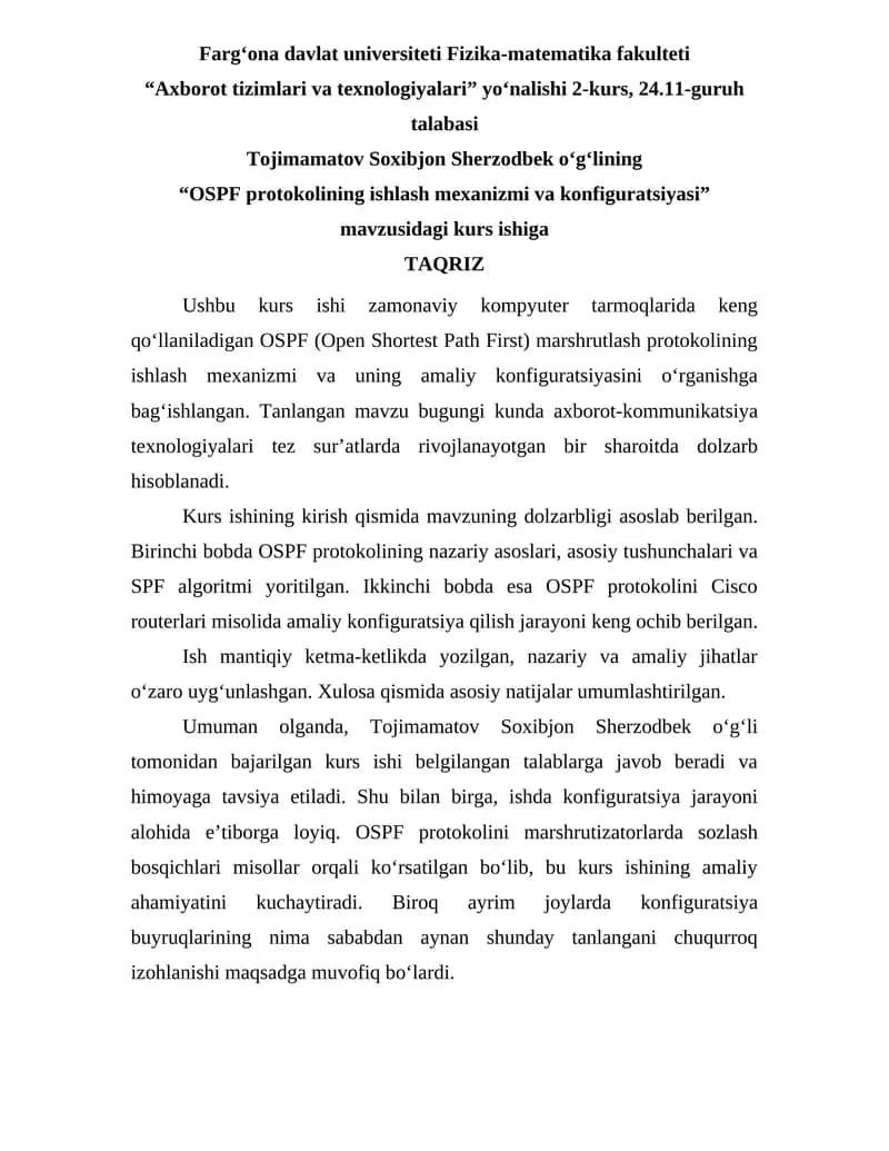 OSPF protokolining ishlash mexanizmi va konfiguratsiyasi