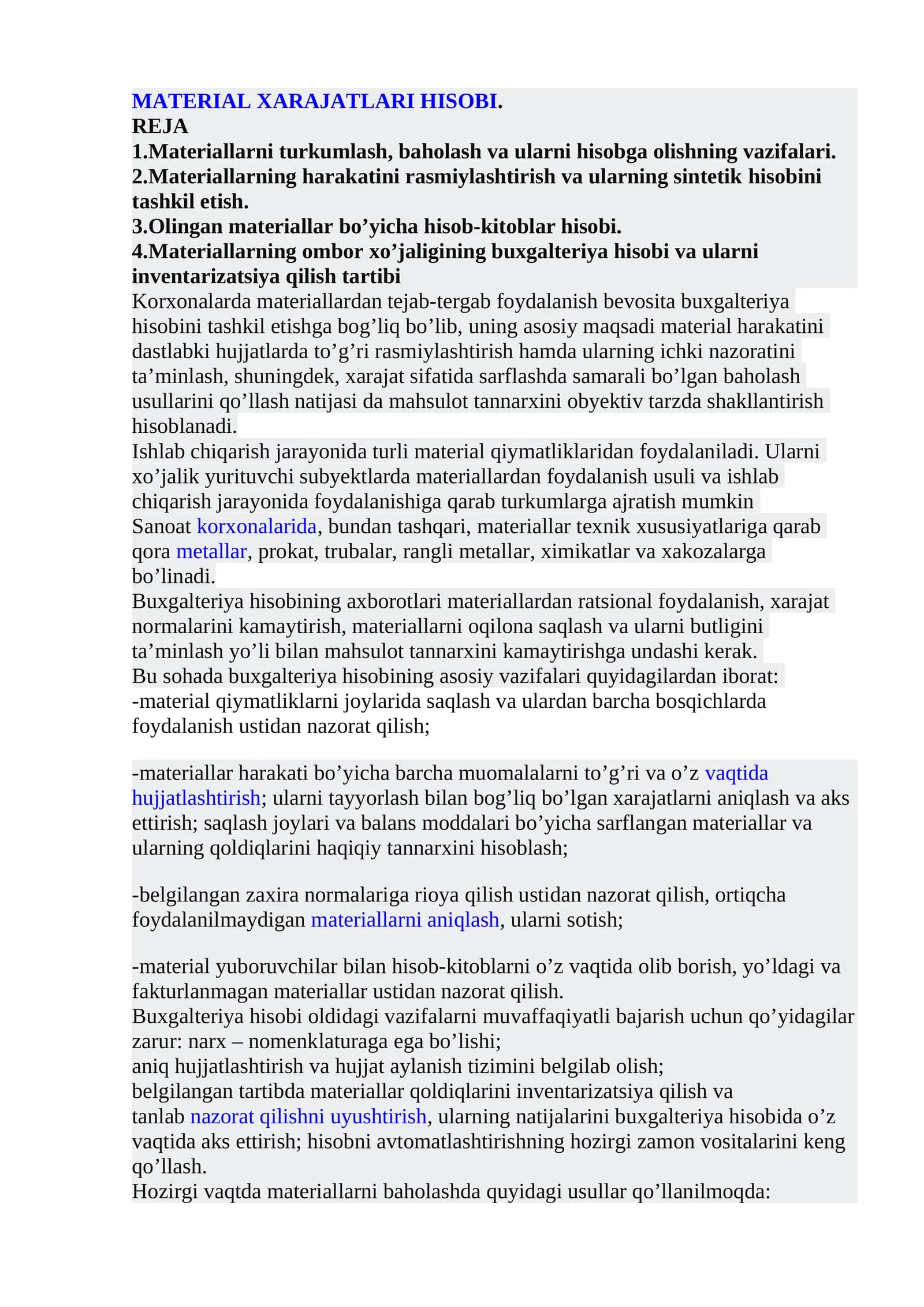 MATERIAL XARAJATLARI HISOBI