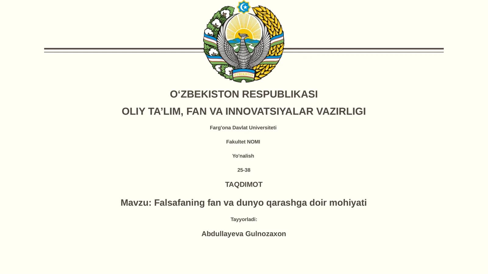 Falsafaning fan va dunyo qarashga doir mohiyati