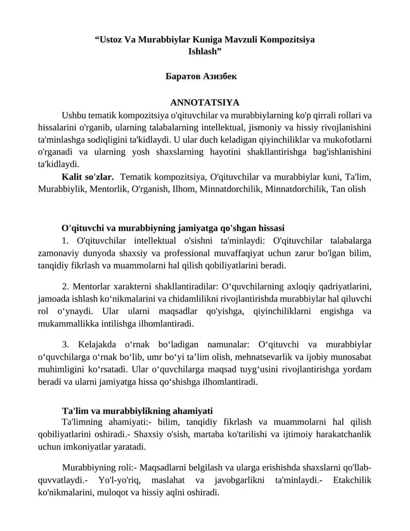 Ustoz Va Murabbiylar Kuniga Mavzuli Kompozitsiya Ishlash