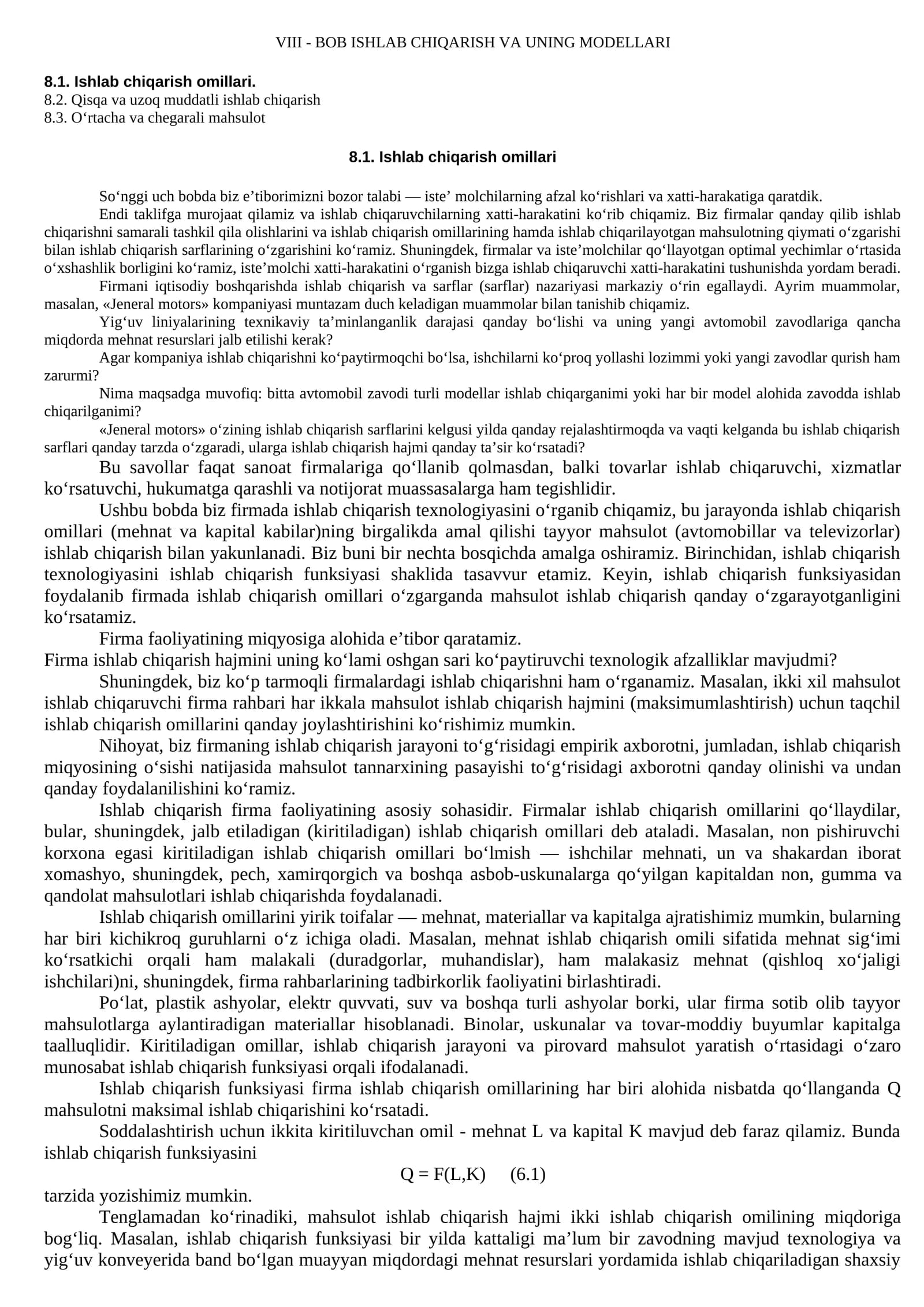 ISHLAB CHIQARISH VA UNING MODELLARI