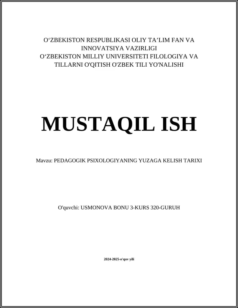 PEDAGOGIK PSIXOLOGIYANING YUZAGA KELISH TARIXI