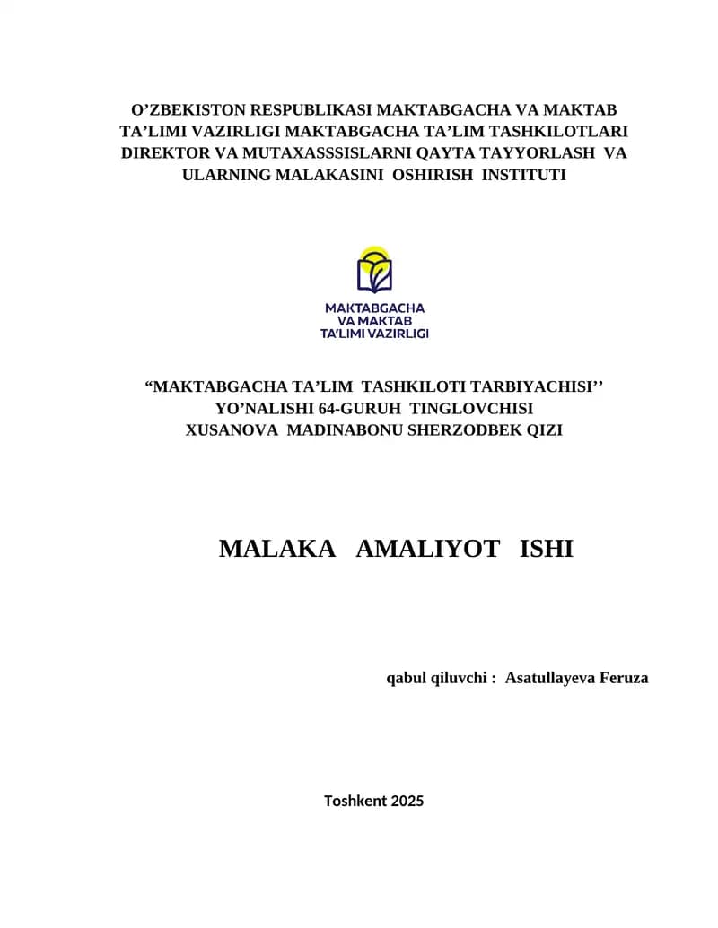 “MAKTABGACHA TA’LIM TASHKILOTI TARBIYACHISI’’ YO’NALISHI TINGLOVCHISI