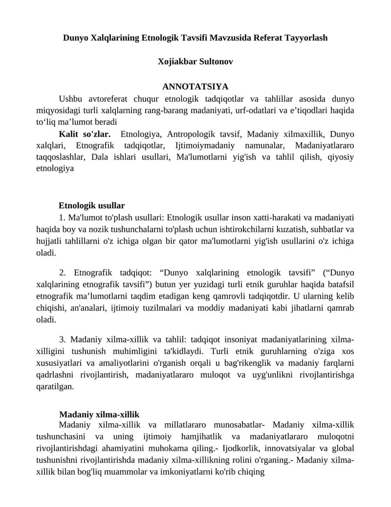 Dunyo Xalqlarining Etnologik Tavsifi Mavzusida Referat Tayyorlash