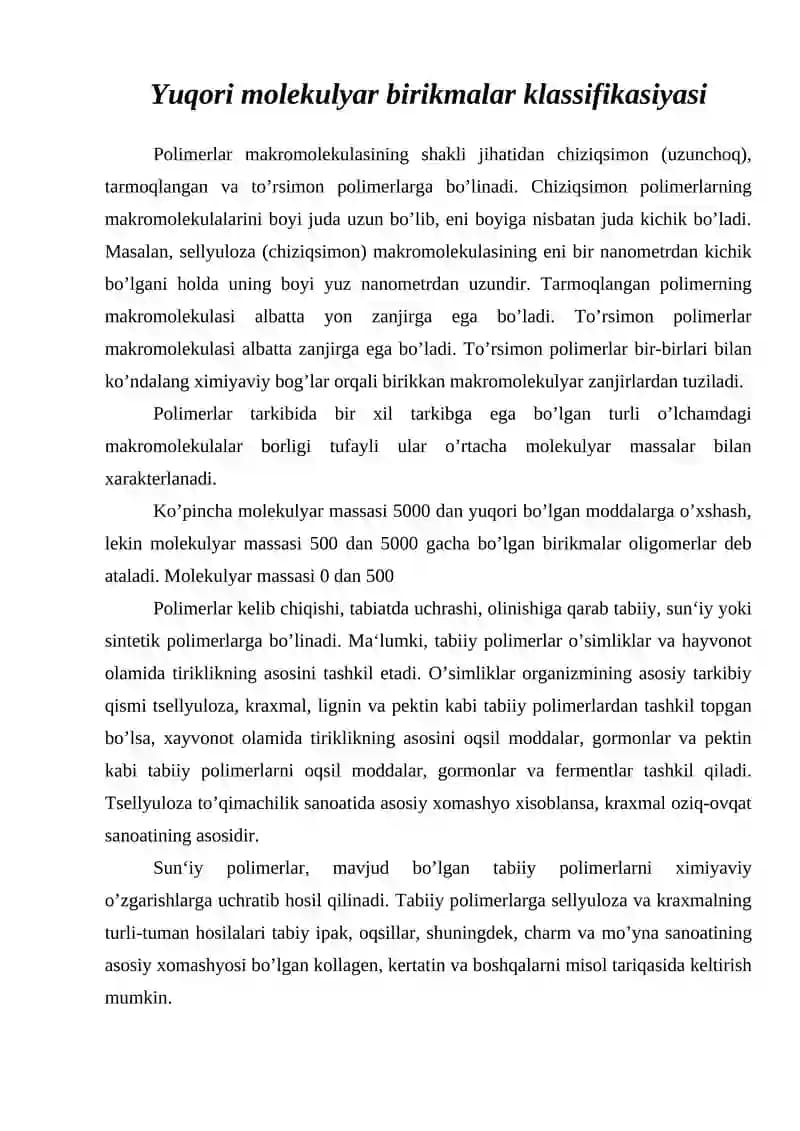 Yuqori molekulyar birikmalar klassifikasiyasi