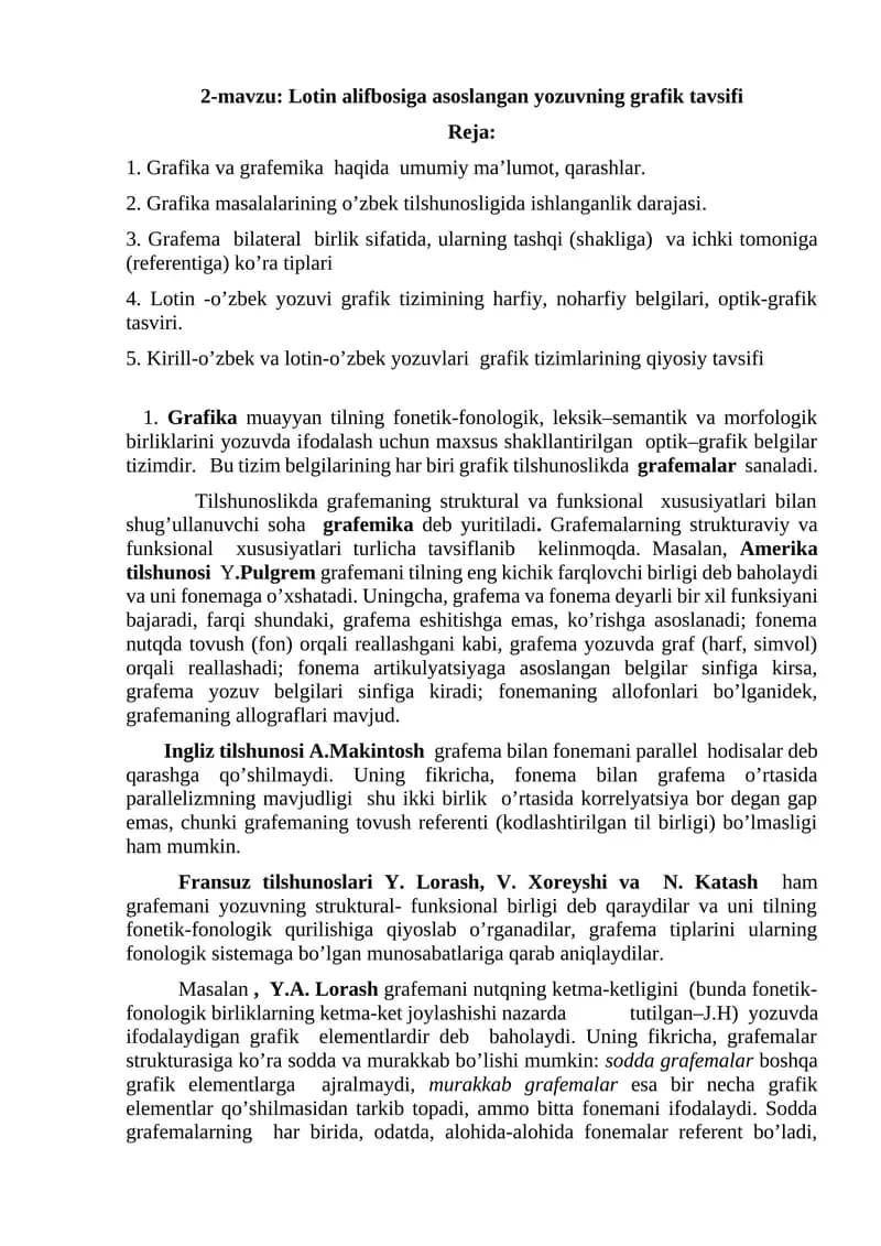 Lotin alifbosiga asoslangan yozuvning grafik tavsifi