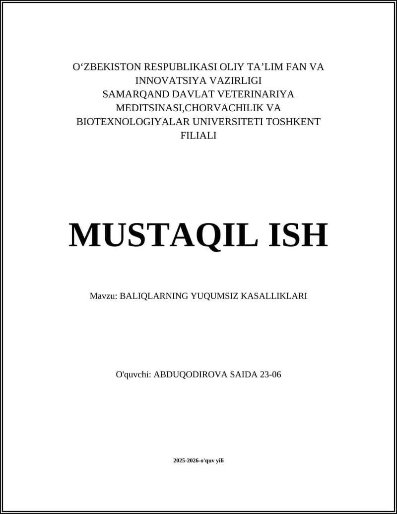 BALIQLARNING YUQUMSIZ KASALLIKLARI