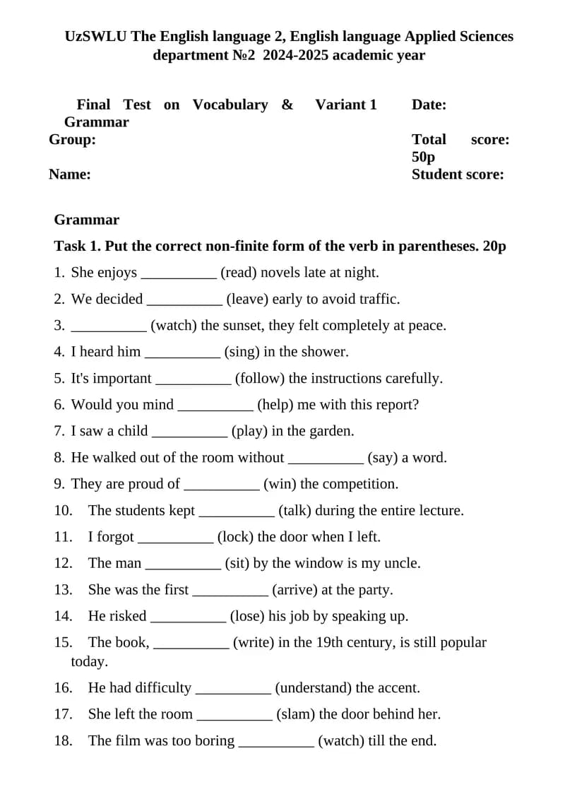 Final Test on Vocabulary & Grammar