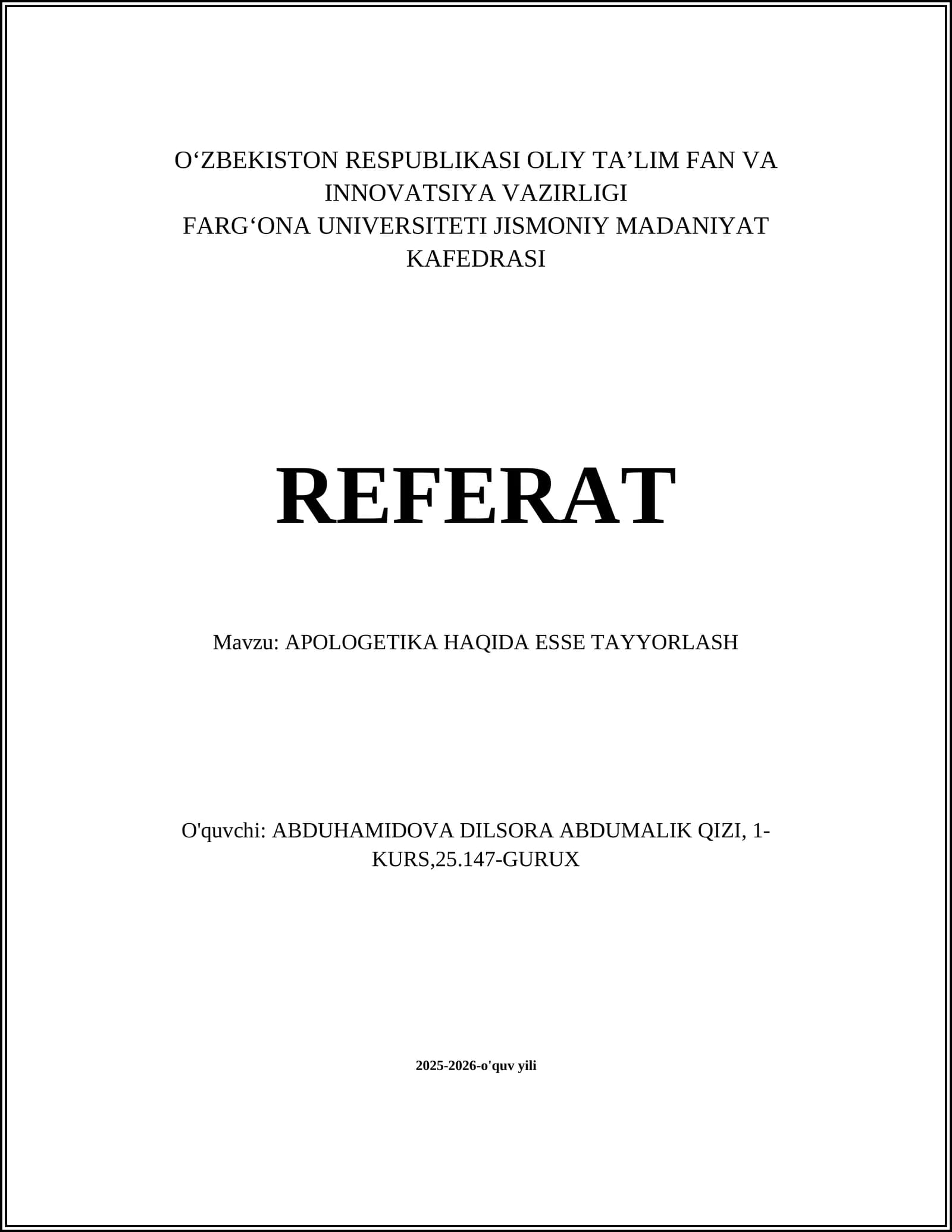 APOLOGETIKA HAQIDA ESSE TAYYORLASH
