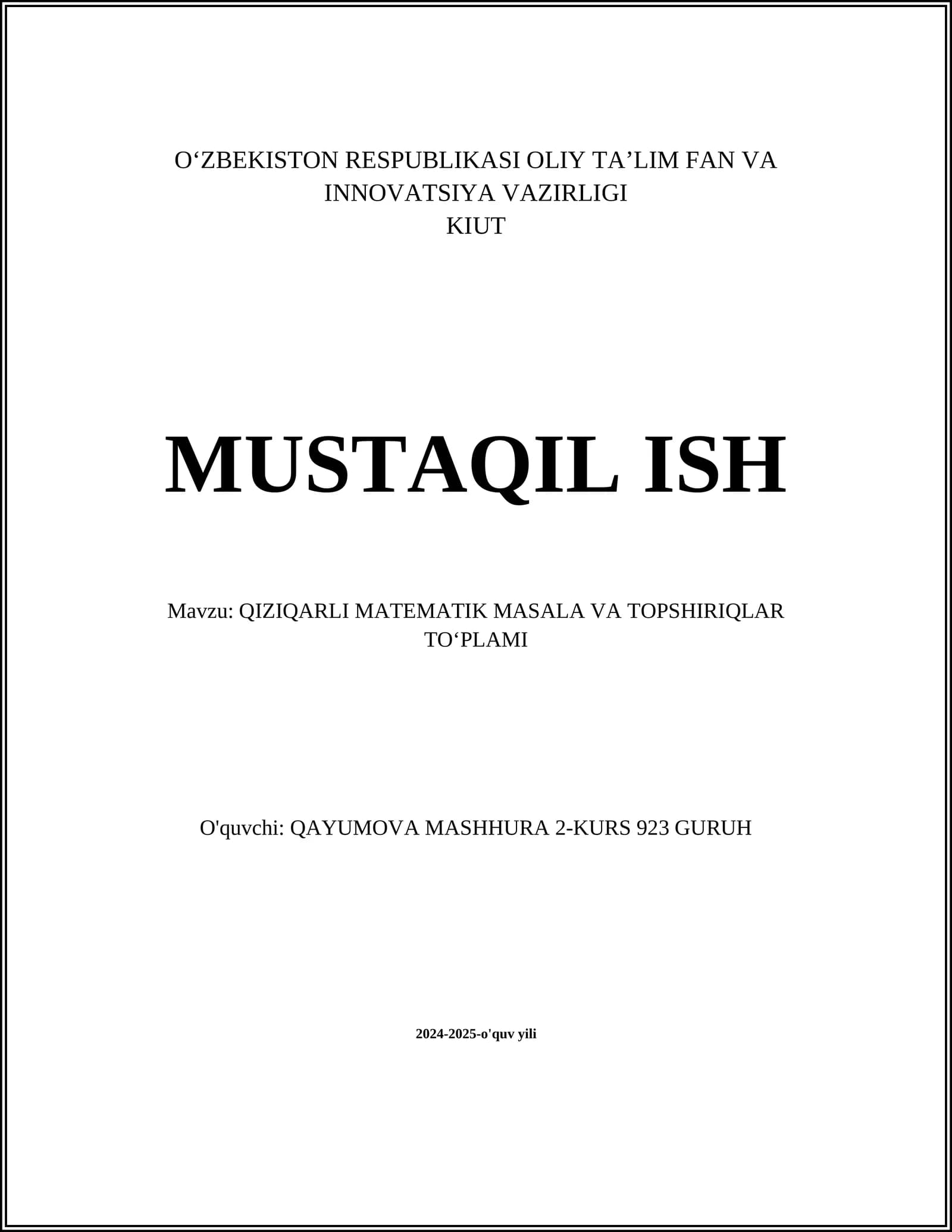 QIZIQARLI MATEMATIK MASALA VA TOPSHIRIQLAR TOʻPLAMI