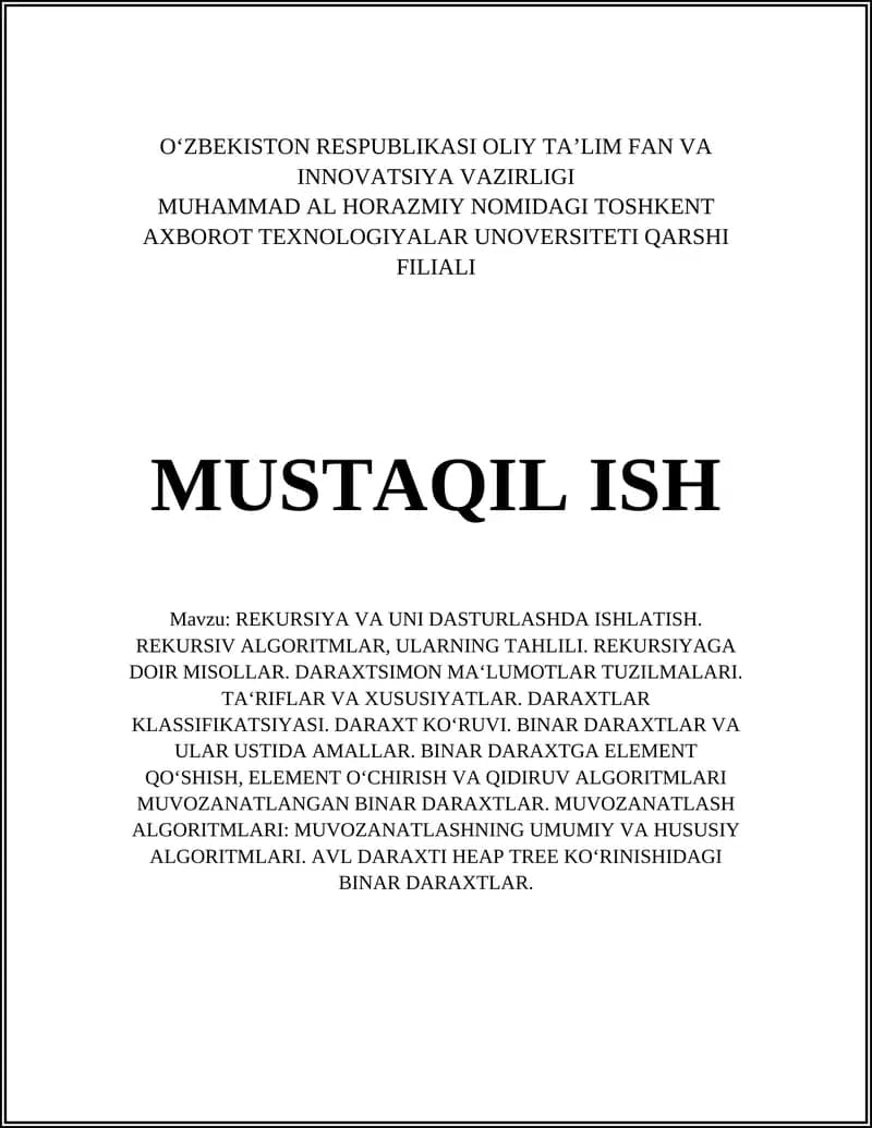 REKURSIYA VA UNI DASTURLASHDA ISHLATISH