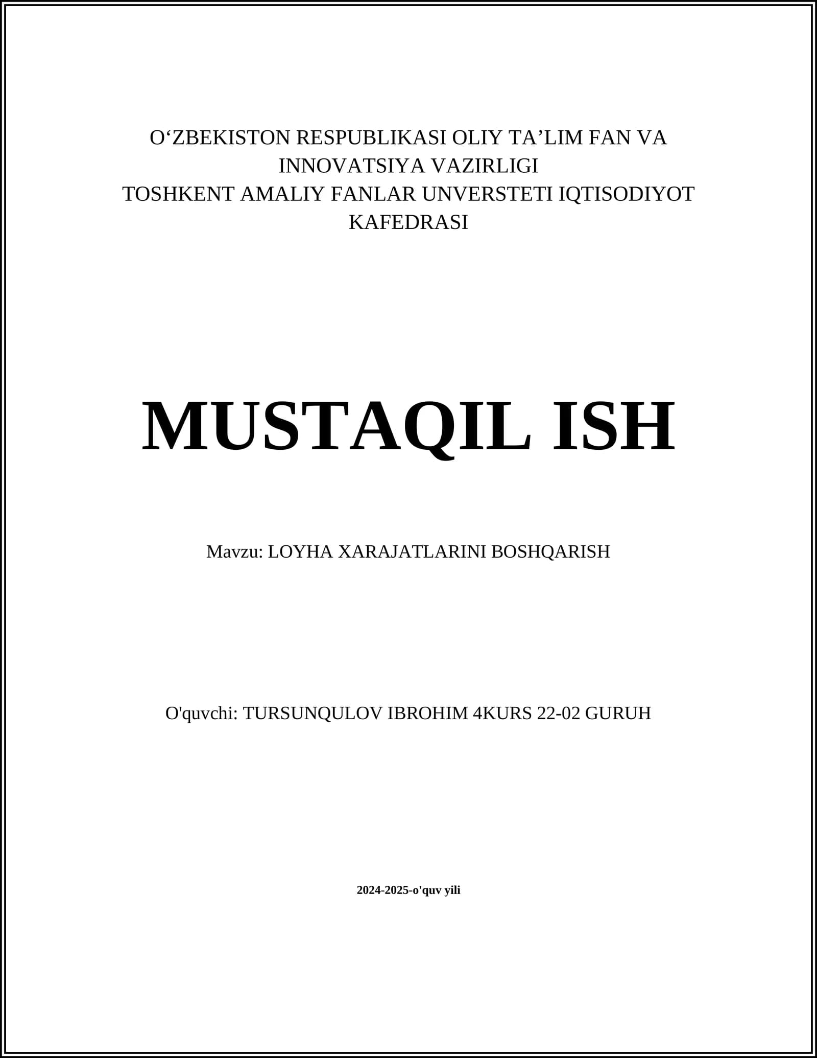 LOYHA XARAJATLARINI BOSHQARISH