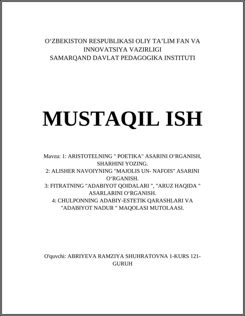 ARISTOTELNING " POETIKA" ASARI