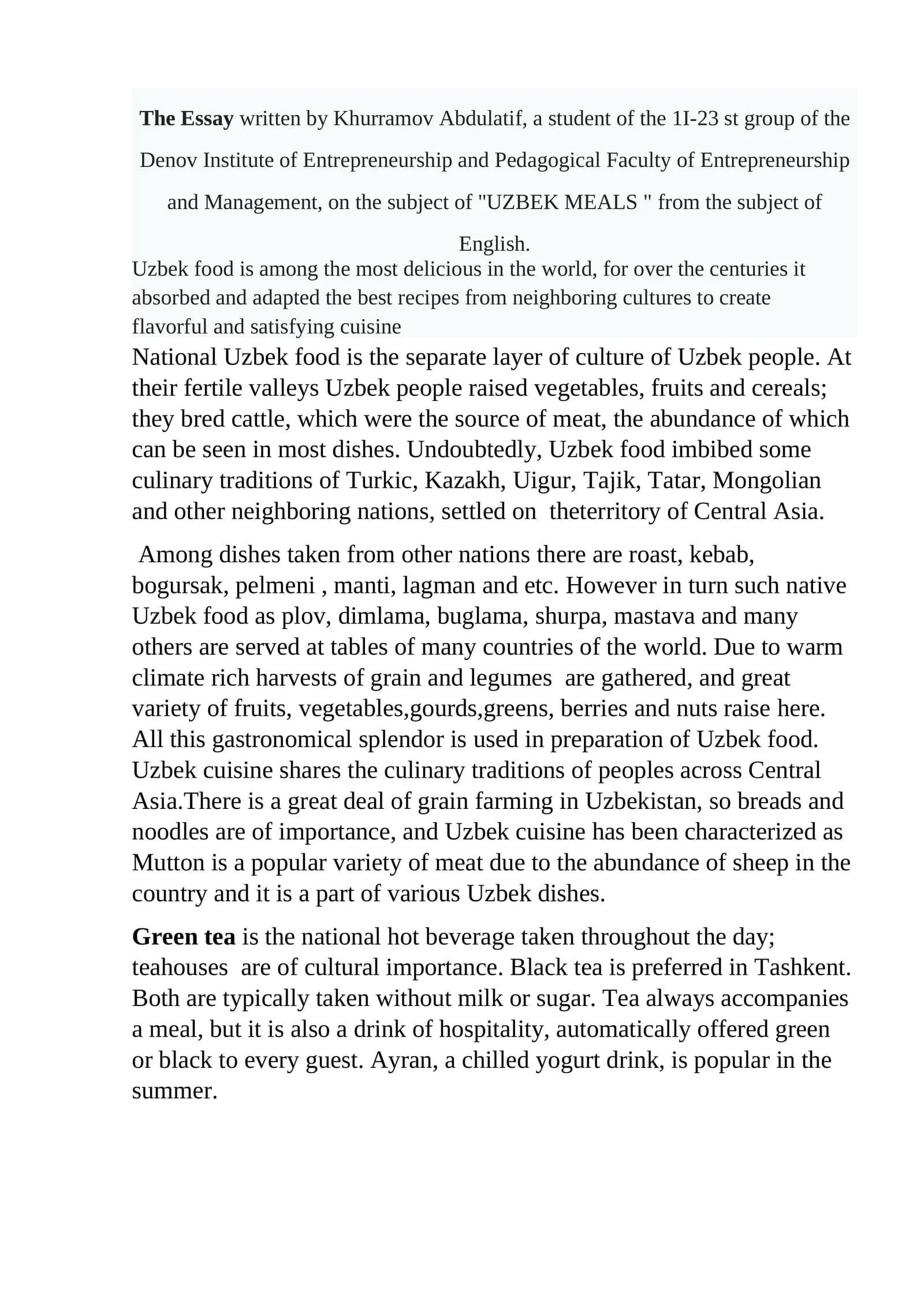 The Essay  Uzbek Meals