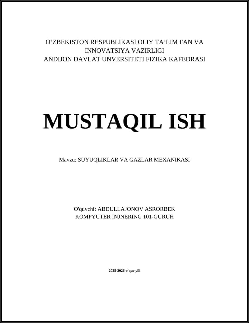 SUYUQLIKLAR VA GAZLAR MEXANIKASI