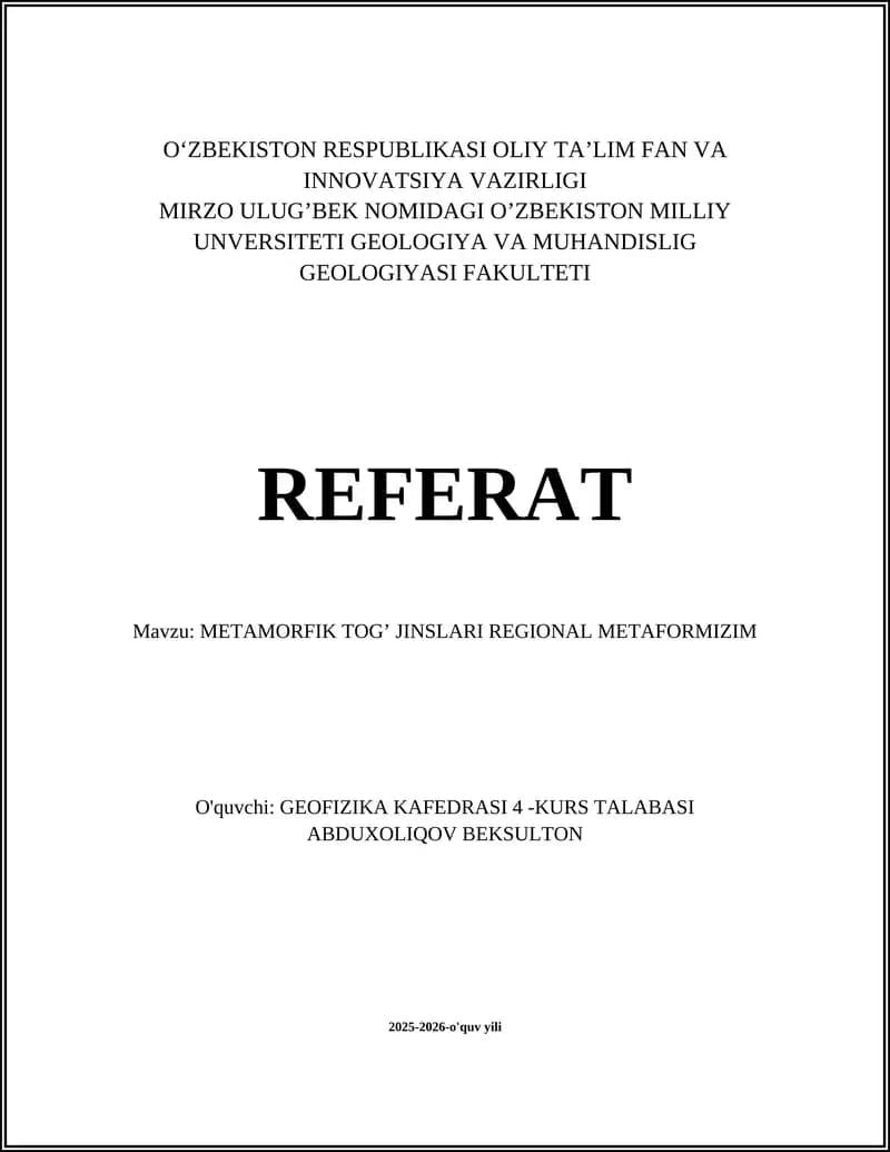 METAMORFIK TOG’ JINSLARI REGIONAL METAFORMIZIM
