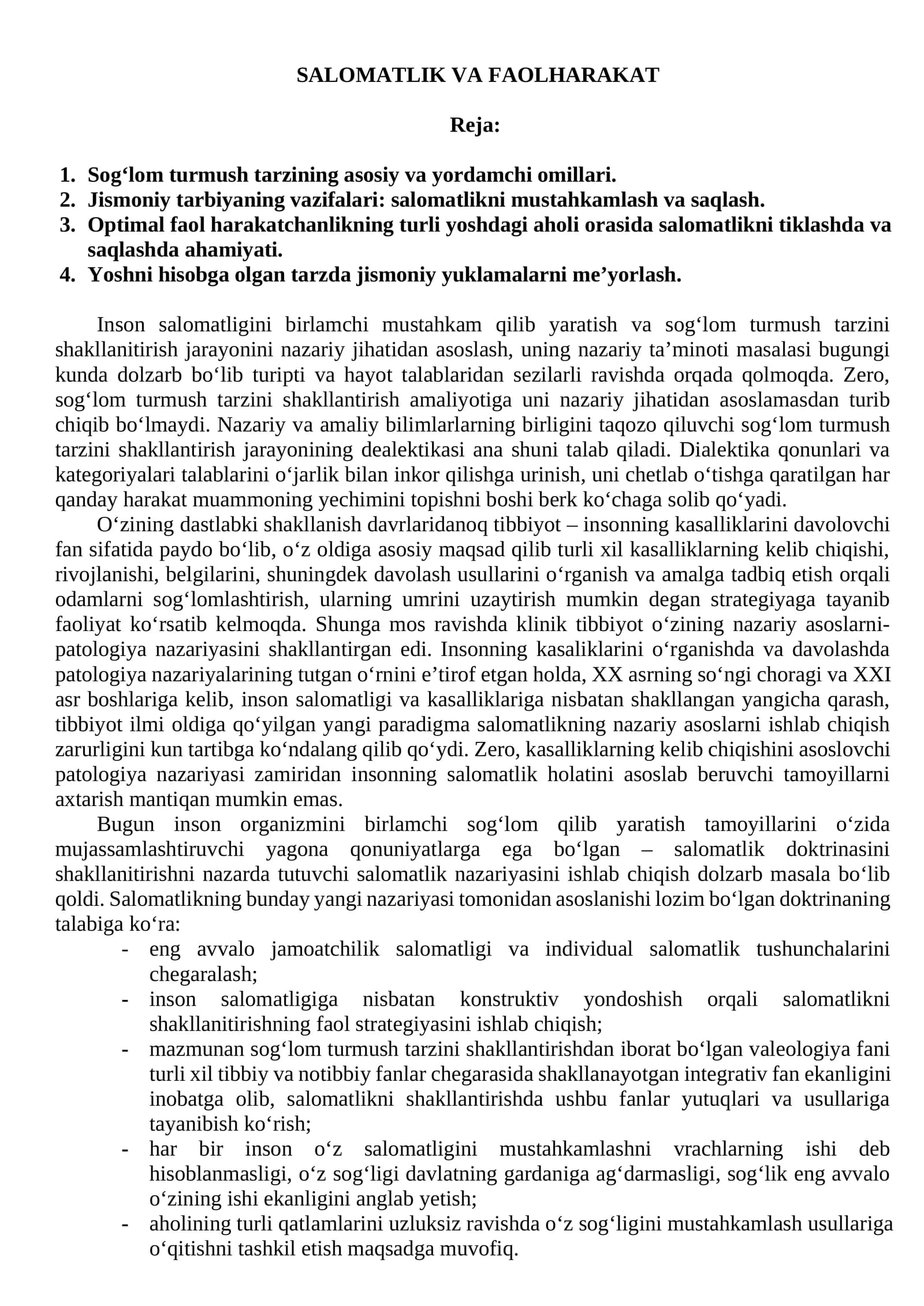 SALOMATLIK VA FAOLHARAKAT