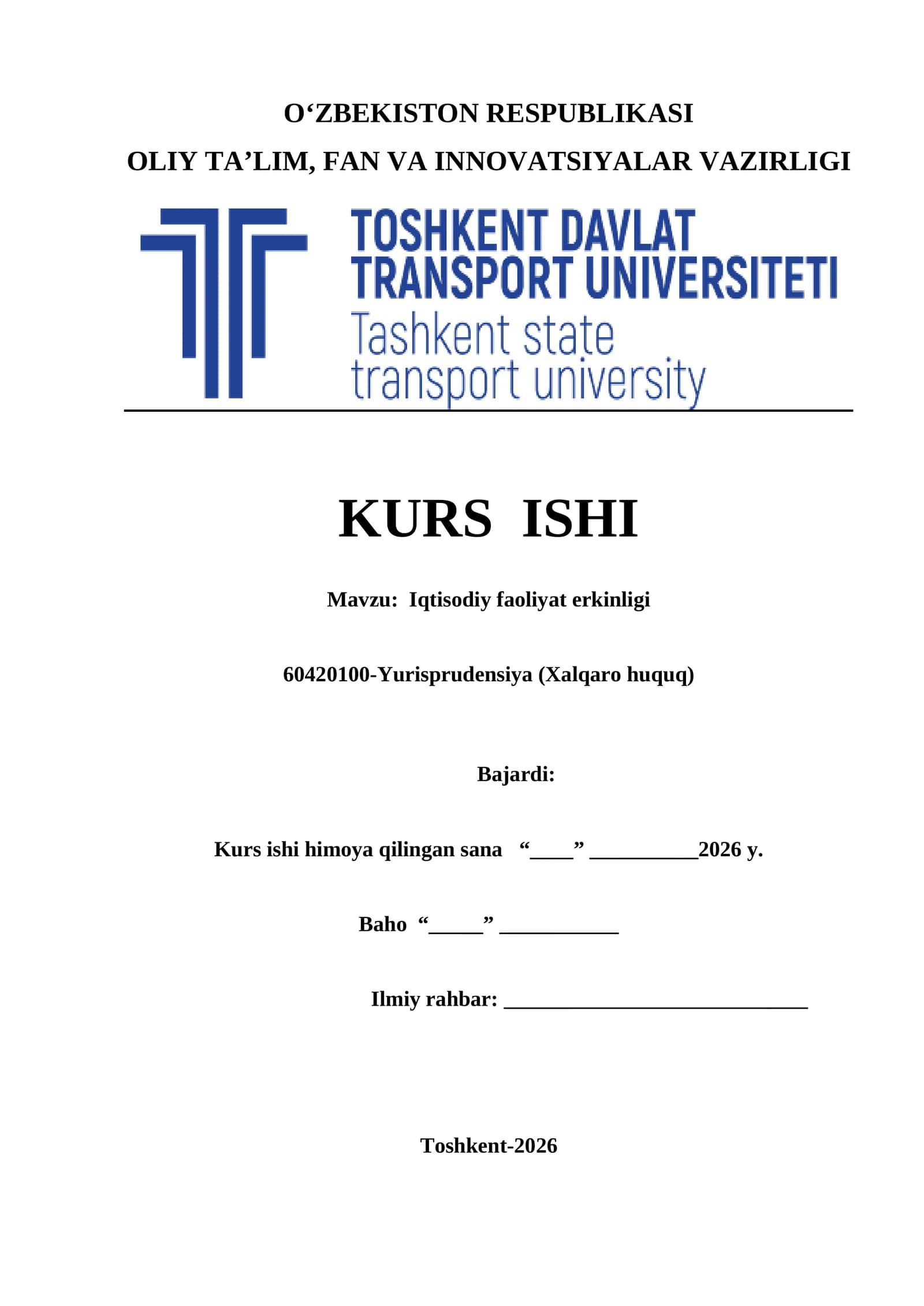 Iqtisodiy faoliyat erkinligi kurs ishi