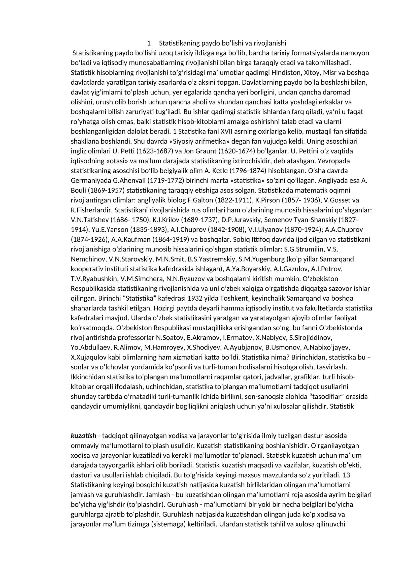 Statistika fanining tarixiy rivojlanishi va mazmuni