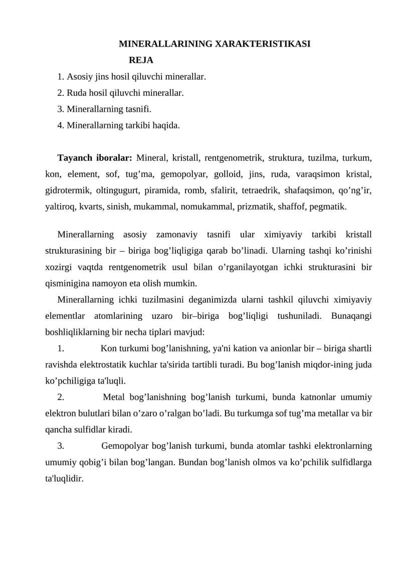 Minerallarning Xarakteristikasi