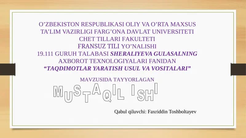"TAQDIMOTLAR YARATISH USUL VA VOSITALARI"